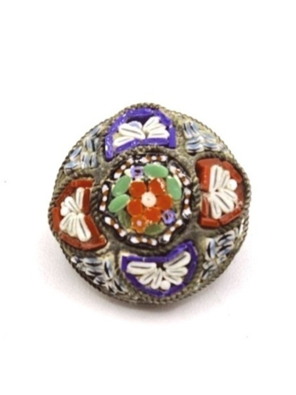 Vintage Micro Mosaic Brooch With Floral Design & Gold-Tone Backing Circular Shap